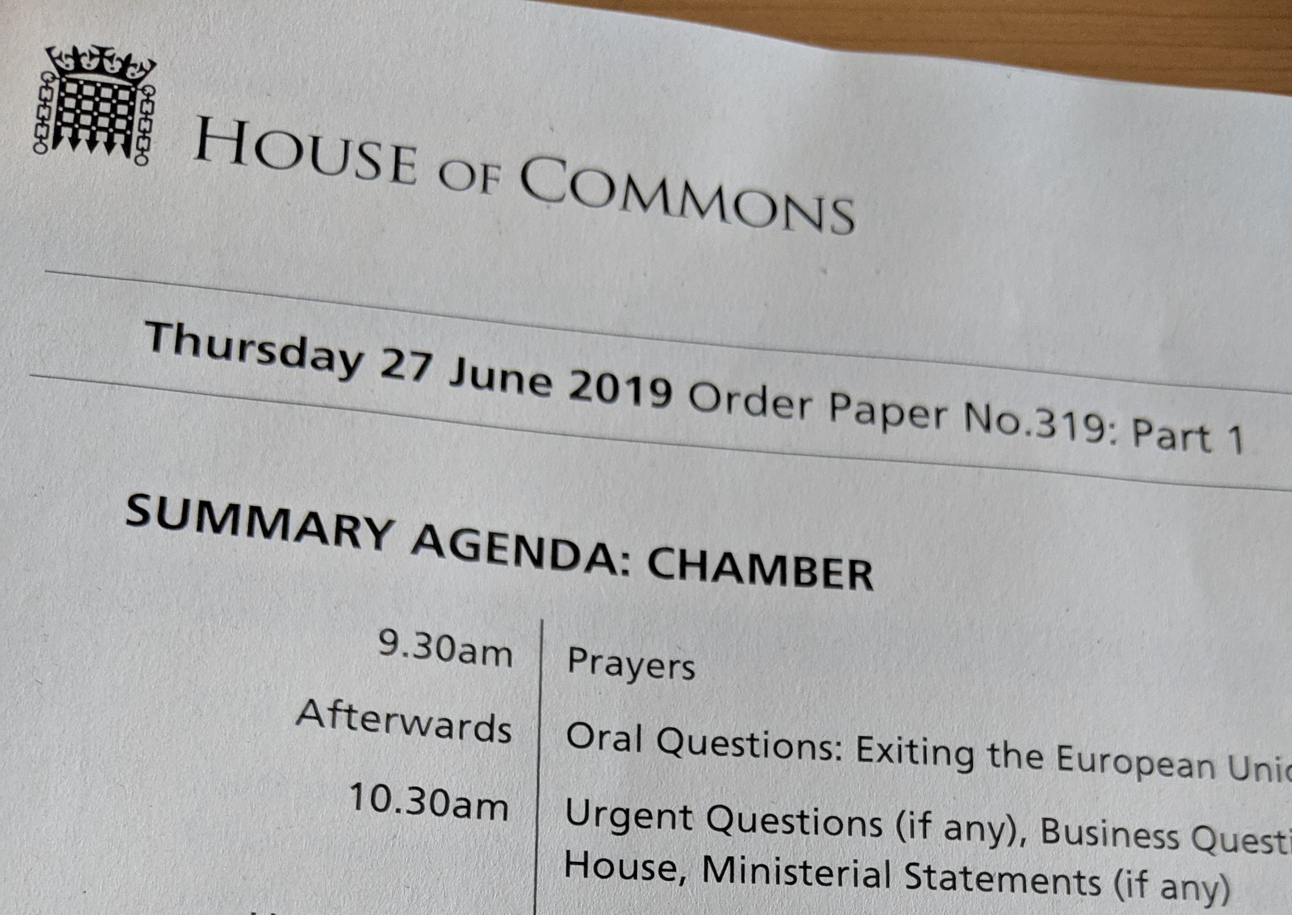 Order paper for Thursday 27th June